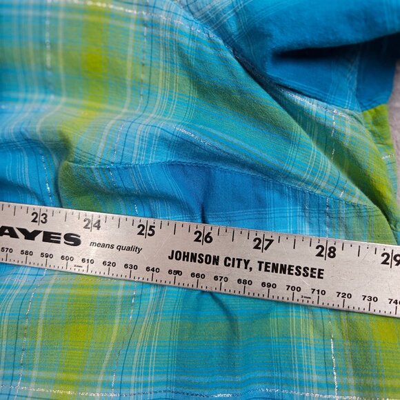 Catherines Plaid Peasant Top Womens 3X Turquoise Green silver Embroidery peasant - Picture 8 of 13